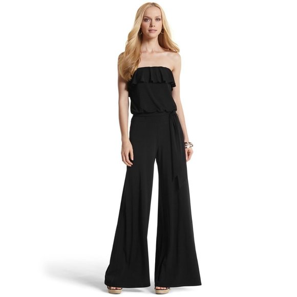 White House Black Market Pants - WHBM Ruffled Strapless Wide Leg Jumpsuit + Sash M